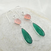 Genuine Pink Chalcedony and Green Onyx Long Pear Gemstone 925 Sterling Silver Dangle Earring